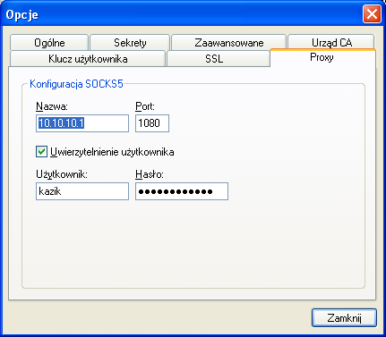 7.7 Konfiguracja serwera Proxy Aplikacja MALKOM VPN Client umożliwia zestawianie bezpiecznych połączeń SSL/TLS do serwera proxy typu SOCKS5.