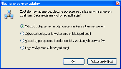 Jeżeli zdefiniowane połączenie wykorzystuje protokół SSL/TLS, to po nawiązaniu fizycznego połączenia z serwerem zdalnym, aplikacja MALKOM VPN Client weryfikuje tożsamość serwera, na podstawie