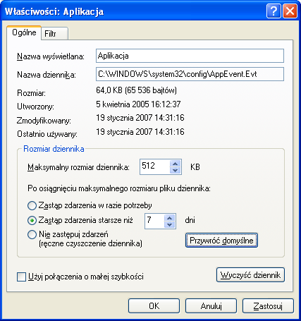 Widok okna właściwości dziennika zdarzeń.