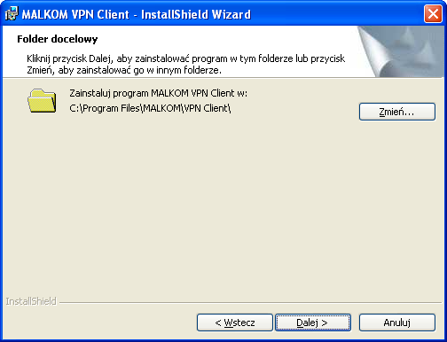 Widok okna do zmiany katalogu docelowego. Instalator domyślnie proponuje lokalizację standardową którą można zmienić na dowolną inną, jeżeli zachodzi taka potrzeba.