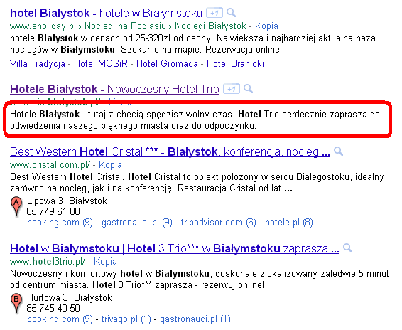 Rysunek 12. Fragment kodu HTML strony internetowej oraz prezentacja strony w wyszukiwarce Google, 2011. Porada: zadbaj, by w opisie znalazły się słowa kluczowe ważne dla Ciebie.