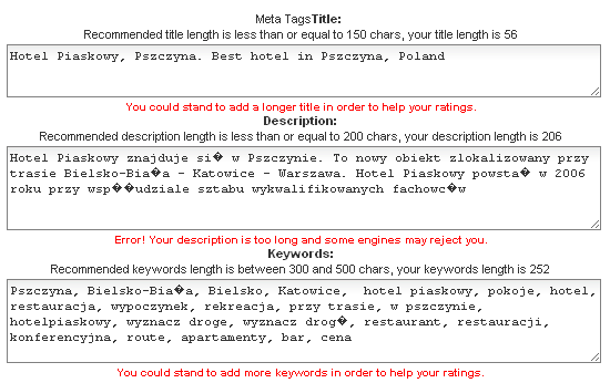 należy wpisać adres strony internetowej. W odpowiedzi otrzymamy wynik prezentujący tytuł, opis i słowa kluczowe zapisane w kodzie wskazanej strony internetowej. Rysunek 20.