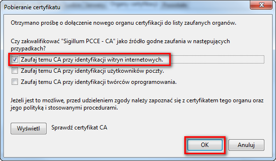 Wybieramy plik z certyfikatem, który wcześniej zapisaliśmy a dysku, i zatwierdzamy. W kolejnym oknie zaznaczamy pierwszą pozycję Zaufaj temu CA przy identyfikacji witryn internetowych.