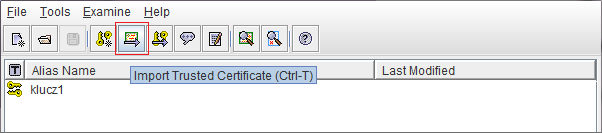 Po uruchomieniu aplikacji należy otworzyć repozytorium poprzez wybranie opcji File -> Open Keystore File lub skrót klawiaturowy Ctrl+O Po otworzeniu repozytorium należy zaimportować do niego zaufane