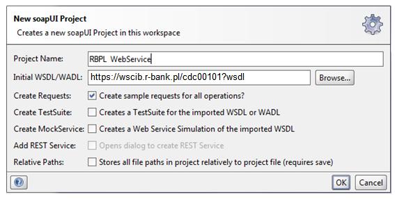 Taka konfiguracja pozwala na pomyślne utworzenie projektu. ożna tego dokonać poprzez menu główne (File -> New soapui Project) lub poprzez skrót klawiaturowy Ctrl+N.