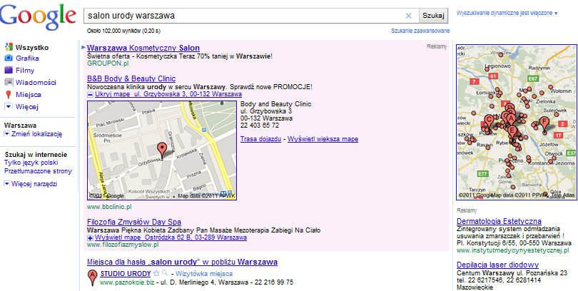 Mapy Google Wraz z kampanią linków sponsorowanych Twoja firma zostanie umieszczona na tzw.