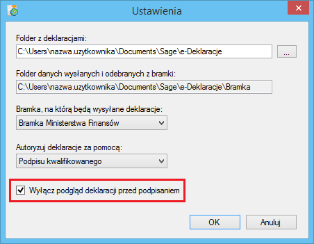 Podręcznik użytkownika Sage Symfonia e-deklaracje 17 Rys. 15 Okno Ustawienia wyłączenie podglądu deklaracji przed podpisaniem.