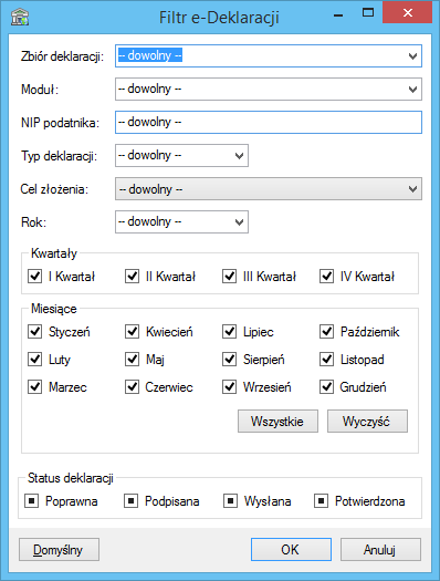 Zarządzanie e-deklaracjami Filtrowanie i sortowanie e-deklaracji Po uruchomieniu programu Sage Symfonia e-deklaracje pojawia się okno Filtr e-deklaracji (Rys. 18). Rys. 18 Okno Filtr e-deklaracji.