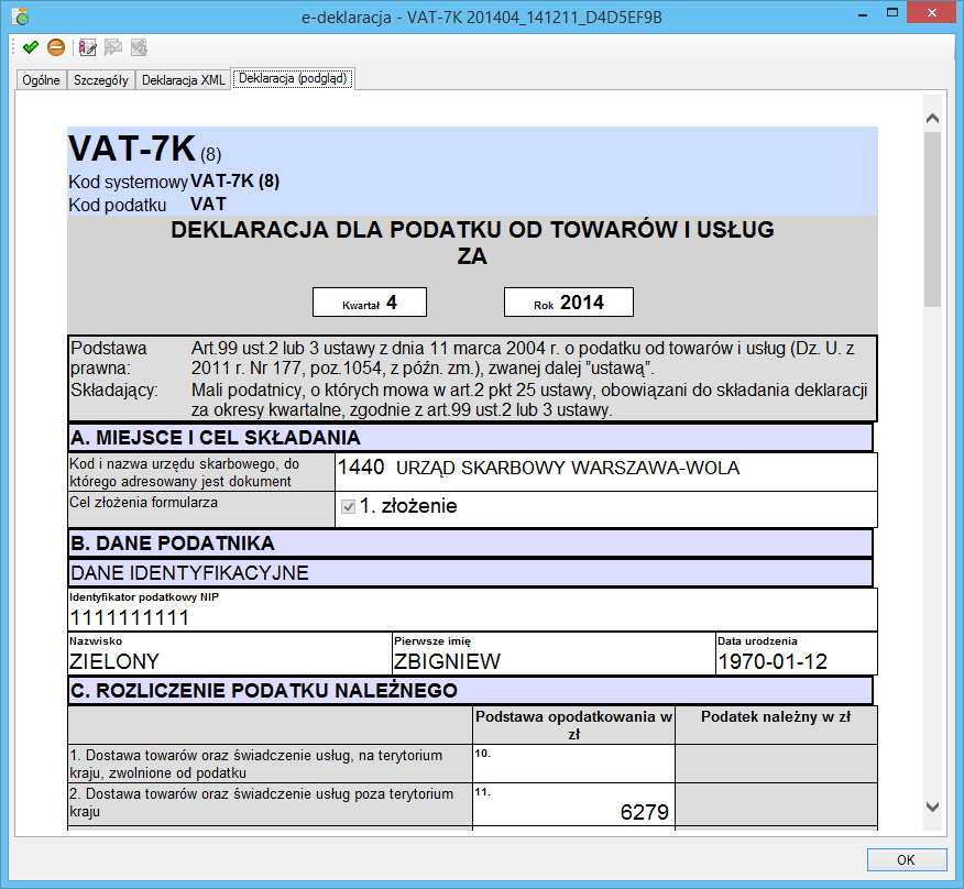 Podręcznik użytkownika Sage Symfonia e-deklaracje 31 Rys. 34 Okno informacji o e-deklaracji panel Deklaracja XML.