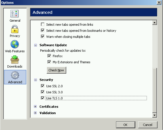 Bezpieczeństwo (Security): zaznacz: Use SSL 2.0, zaznacz: Use SSL 3.