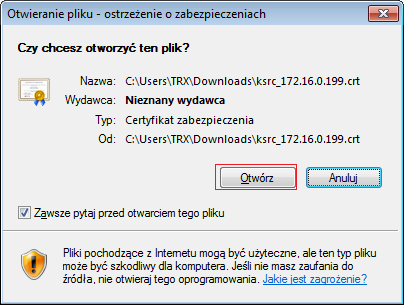 Po wyświetleniu strony głównej należy kliknąć na odnośnik zawierający nazwę i wersję programu. Plik z rozszerzeniem crt należy zapisać w wybranej lokalizacji (np. D://cert/).