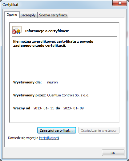 Rysunek 11 Okno informacyjne błędu certyfikatu SSL.