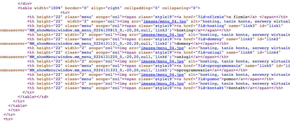 Fragment nieoprawnie napisanego kodu strony HTML.