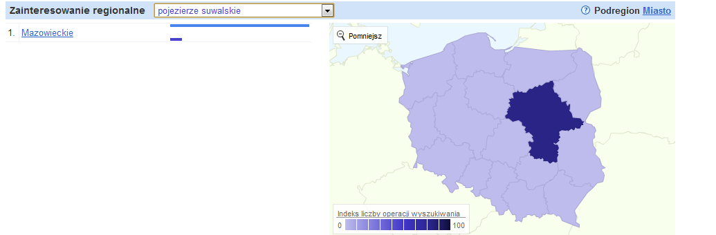 Regiony, z których pochodzą wyszukania hasła suwalszczyzna w wyszukiwarce Google Źródło: Google Insights Regiony, z których pochodzą wyszukania hasła pojezierze suwalskie w wyszukiwarce Google