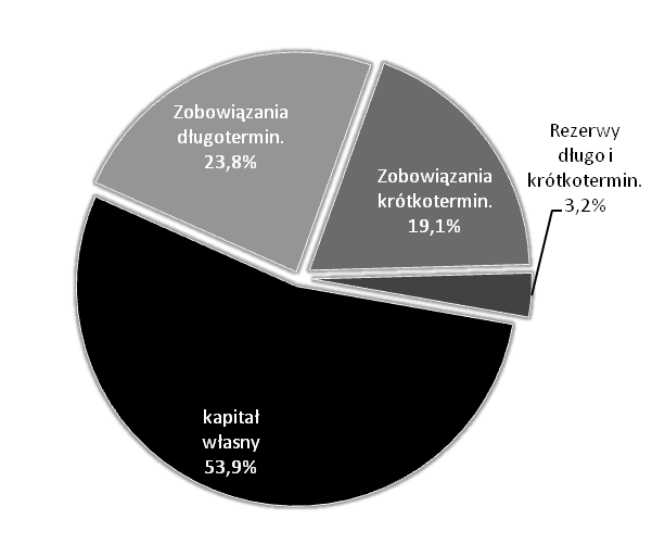 Część III. Dokument rejestracyjny Na koniec 2012 roku struktura finansowania przedstawiała się jak wskazano na wykresie poniżej. Źródło: Obliczenia Art Capital Sp. z o.o. na podstawie informacji finansowych Grupy Emitenta Zadłużenie Grupy Emitenta z tytułu długoterminowych i krótkoterminowych kredytów i pożyczek na koniec 2012 r.