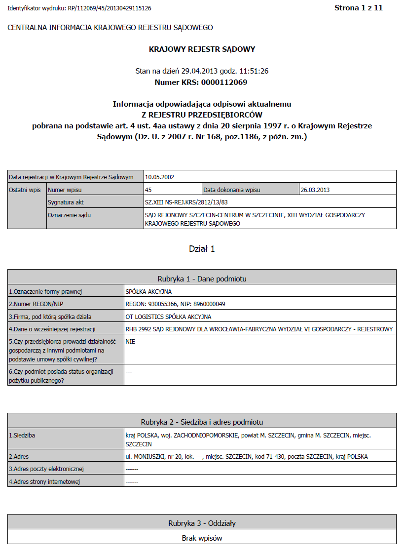 Dokument Rejestracyjny OT Logistics SA