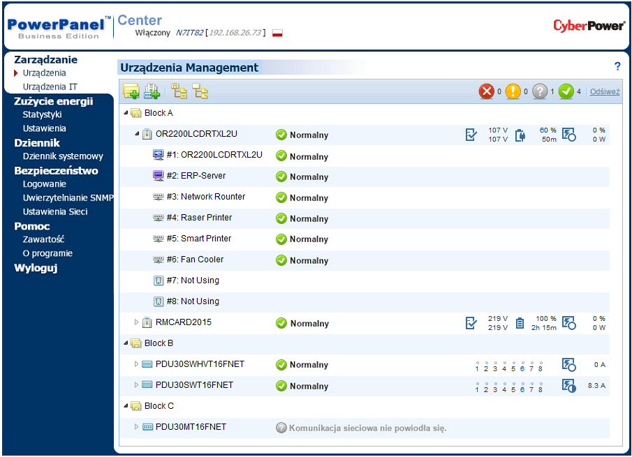PowerPanel Business Edition Centrum Zarządzanie Urządzenia zasilające Strona Urządzenia zasilające w Center ma następujące możliwości: Monitoruje stan i zdarzenia z podłączonych urządzeń UPS/PDU/ATS.