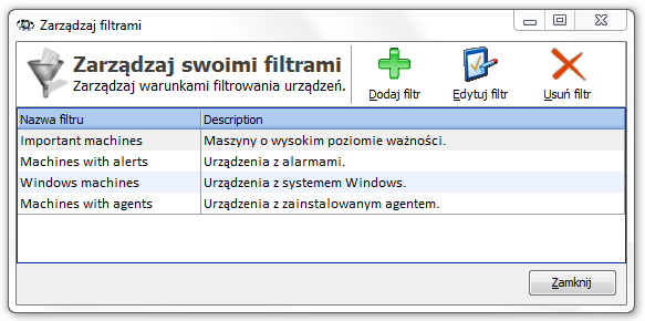 93 4.6.3 Axence nvision Help Tworzenie filtru Aby utworzyć filtr: 1. Wybierz Narzędzia Filtry dla inteligentnych map. W oknie Zarządzania filtrami kliknij w przycisk 2. Dodaj filtr.