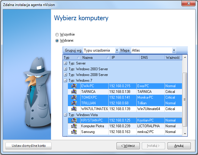 Agenty 104 Wybrane. Umożliwi Ci to wybranie tych komputerów, na których chcesz zainstalować Agenty.