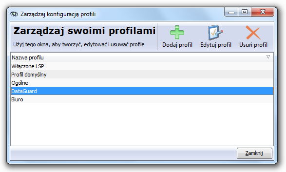 107 5.5.4 Axence nvision Help 2. Na liście wyświetlane są zdefiniowane profile. Aby użyj odpowiedniego przycisku. Dodać, Edytować lub Usunąć profil, 3.