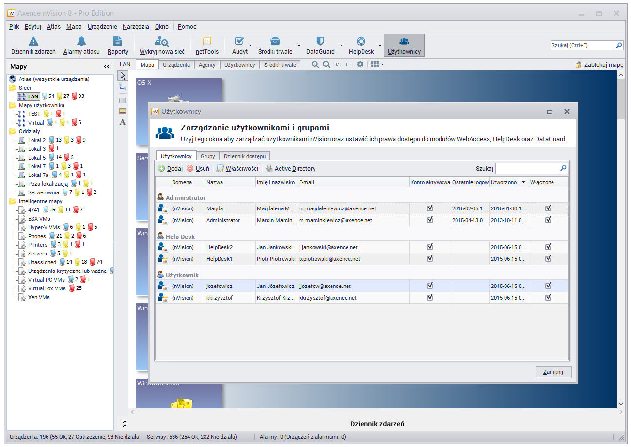 215 10.3 Axence nvision Help Konfiguracja 10.3.1 Zarządzanie użytkownikami Zarządzanie użytkownikami HelpDesk odbywa się z poziomu okna Użytkownicy w nvision.