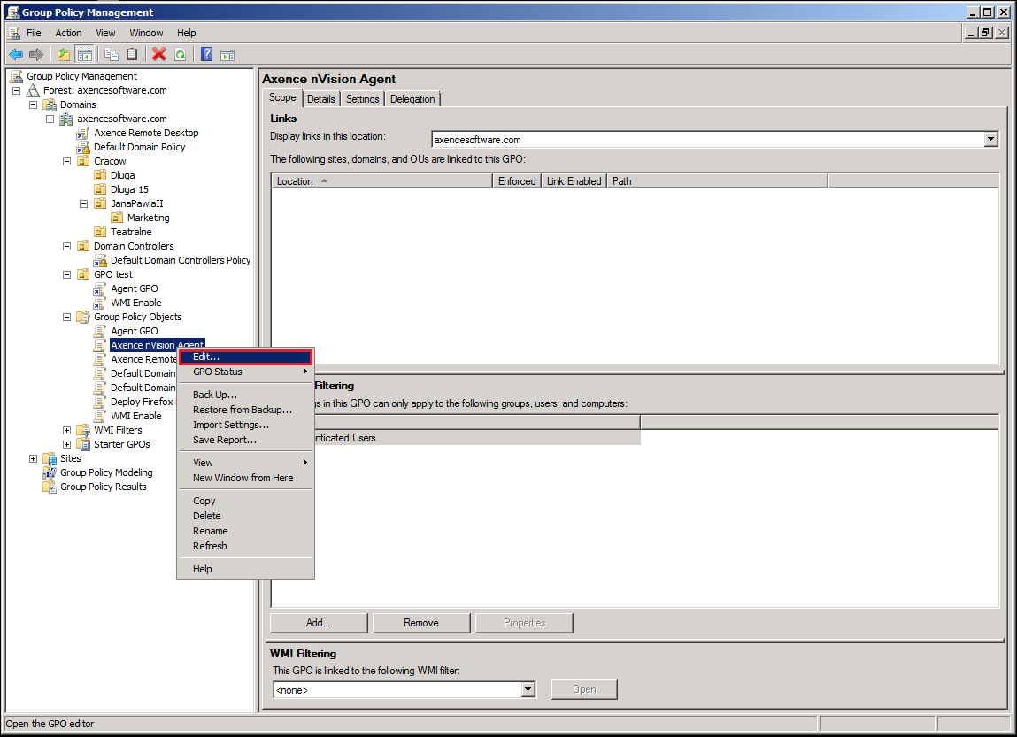 Najczęściej Zadawane Pytania 306 5. Przejść do edycji stworzonego GPO: kliknąć na tym obiekcie prawym przyciskiem myszy, z menu kontekstowego wybrać opcję Edit. 6.
