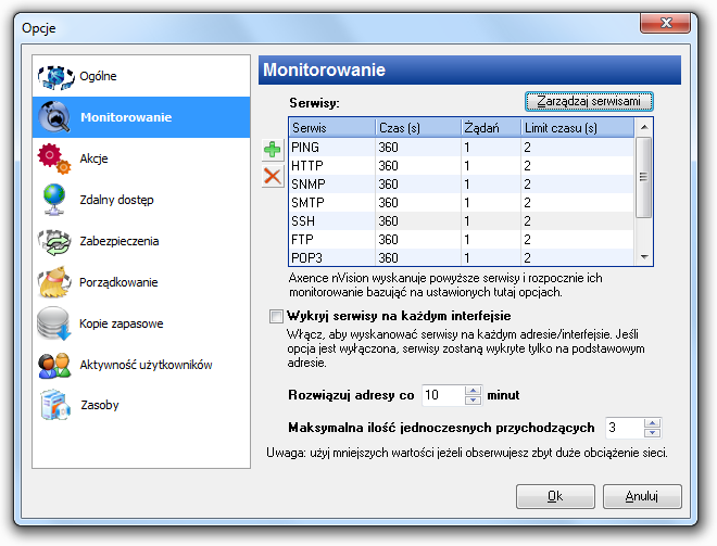 45 Axence nvision Help Dodawanie serwisów Aby uzupełnić domyślną listę monitorowanych serwisów: 1. Wybierz Narzędzia Opcje. Przejdź do zakładki Monitorowanie. 2.