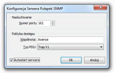 59 Axence nvision Help 2. W oknie Serwera Pułapek SNMP wyświetlane są pułapki przechwycone przez serwer. Możesz wybrać okres, dla którego mają być pokazane dane (godzina, dzień, tydzień, miesiąc). 3.