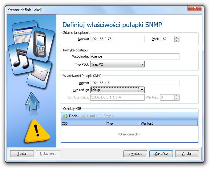 Wykrywanie i monitorowanie sieci 60 1. Wybierz Narzędzia Zarządzaj akcjami Dodaj akcję. 2. W oknie Kreatora definicji akcji wpisz nazwę akcji i wybierz Wyślij pułapkę SNMP. 3.