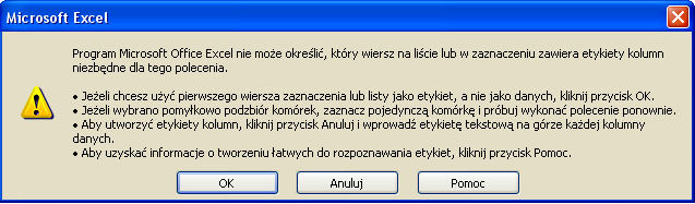 Rys. 19 Okno programu wprowadzanie danych do nagłówka Kliknij na komórkę A1 Z paska menu wybierz polecenie: Dane/Formularz W oknie, które się pojawi (Rys. 20) kliknij przycisk OK. Rys.