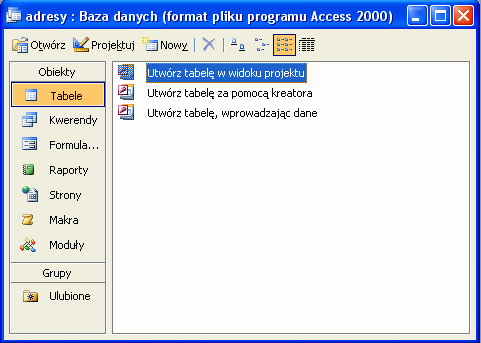3. BUDOWA BAZ DANYCH Uruchom program MS Access Z menu wybierz Plik/Nowy W oknie dialogowym po prawej stronie ekranu zaznacz opcję Pusta baza danych W otwartym oknie dialogowym wpisz w odpowiednie