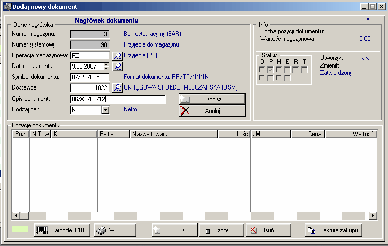 10 111 Dopisywanie dokumentów W celu wprowadzenia nowego dokumentu należy nacisnąć przycisk Dopisz Wówczas wyświetli się poniższy formularz Numer systemowy nadawany jest automatycznie i ma