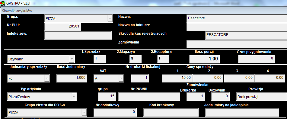 Docelowo tylko z tej grupy będzie odbywało się bonowanie pizzy. Grupa zawierająca zestawy podobnie jak w pierwszym przypadku musi mieć zdefiniowaną grupę z dodatkami.