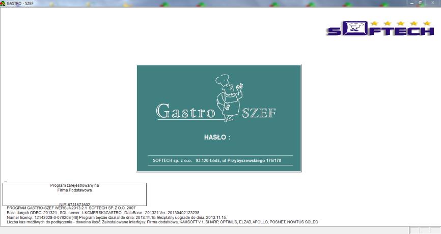 Ponowne uruchomienie programu Gastro Szef wygeneruje w/w komunikat. Po zatwierdzeniu komunikatu o zmianie wersji program przejdzie do okna głównego: Rysunek 9 Domyślne hasło do programu jest puste.