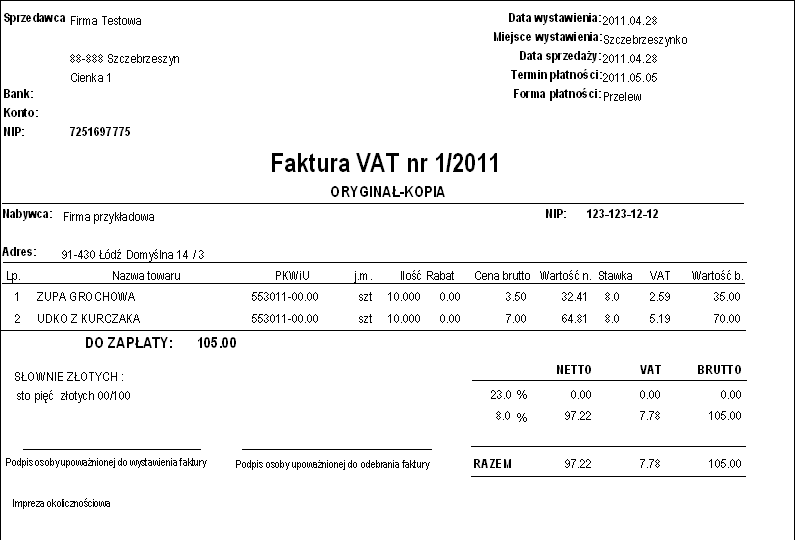 Rysunek 55 3.2.1. FAKTURA - WYDRUK Polecenie Wydruk powoduje wydruk faktury, wcześniej jednak pojawia się okno z wyborem rodzaju wydruku. Jest kilka możliwości: 1.