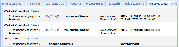 Zakładka Pola dodatkowe umożliwia wpisywanie wartości do zdefiniowanych pól dodatkowych powiązanych z obiektem Dokument magazynowy.