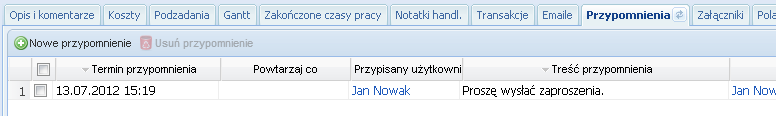 Zakładka Notatki handl. umożliwia przegląd wszystkich notatek handlowych powiązanych z danym zadaniem.