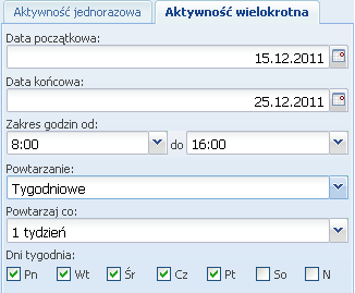 Należy przypisać pracownika oraz opcjonalnie podać opis tworzonego czasu pracy. Tworzona aktywność może być jednorazowa, bądź wielokrotna (cykliczne powtarzanie).