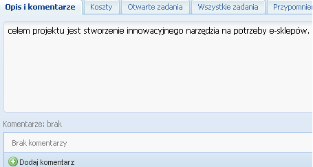 Górne menu zawiera szereg przycisków umożliwiających zarządzanie projektami.