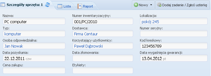 Nowy sprzęt może zostać utworzony na podstawie innego (domyślnie posiada wszystkie dane sprzętu, od którego został utworzony) poprzez zaznaczenie wybranego sprzętu i kliknięcie strzałki znajdującej