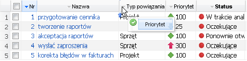 Wyświetlona zostanie kolejna lista zawierająca wszystkie dostępne nazwy kolumn. Należy zaznaczyć wszystkie kolumny, które powinny być pokazane na liście, a odznaczyć te, które mają być ukryte.