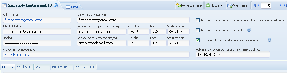 wiadomości email Firmao nieaktualnymi już, archiwalnymi, wiadmościami email. Możliwość podania daty od której wiadomości będą pobierane dostępna jest tylko w wersji Elite Firmao.