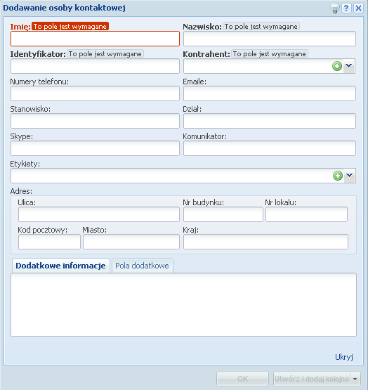 Imię, nazwisko oraz kontrahent są polami wymaganymi. Można powiązać osobę kontaktową z odpowiednim kontrahentem.