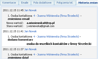 Zakładka Historia zmian umożliwia przegląd wszystkich zmian powiązanych z wybraną osobą kontaktową. Można obejrzeć pełną historię operacji - kto, kiedy i w jaki sposób zmodyfikował dane.