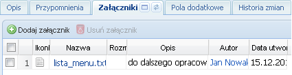 86 Zakładka Załączniki umożliwia przegląd wszystkich linków, plików - załączników powiązanych z wybraną notatką handlową.