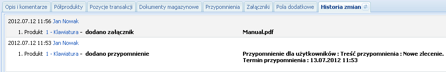 Zakładka Pola dodatkowe umożliwia wpisywanie wartości do zdefiniowanych pól dodatkowych powiązanych z obiektem Produkt/Usługa.