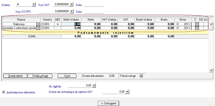 Dokument specjalny typu sprzedaż w walucie obcej, Dokument specjalny korygujący typu sprzedaż w walucie obcej, Dokument specjalny typu zakup w walucie obcej, Dokument specjalny korygujący typu zakup