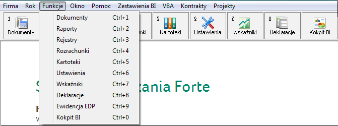 Forte BI w module Forte Finanse i Księgowość Zmiany w głównym oknie programu związane z obsługą Forte BI Dodane zostały przyciski uruchamiające zestawienia Forte BI: Zestawienia BI na górnym pasku