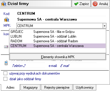 Ustawienia powiązanie Działu firmy z MPK W oknie Ustawienia Działy firmy jest nowe pole MPK z listą rozwijaną (słownik MPK) przedstawiającą Miejsca Powstawania Kosztów.