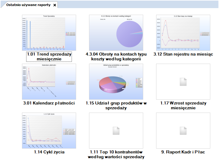 4.1.5 Ostatnio otwarte raporty Dla zapewnienia szybkiego dostępu do raportów można wywołać z menu panel ostatnio otwartych raportów, w którym znajduje się ostatnie 9 raportów, z których korzystał